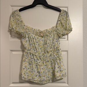 miami Yellow and Blue Floral Puff-Sleeve Peplum Top